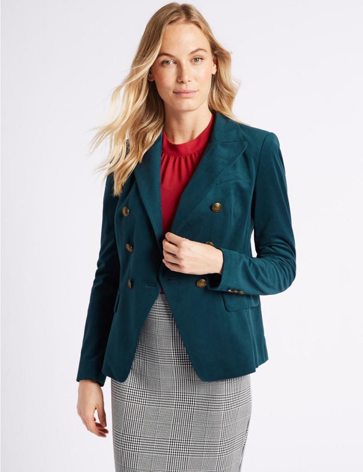 Marks & Spencer Velvet Gold Button Double Breasted Jacket Teal