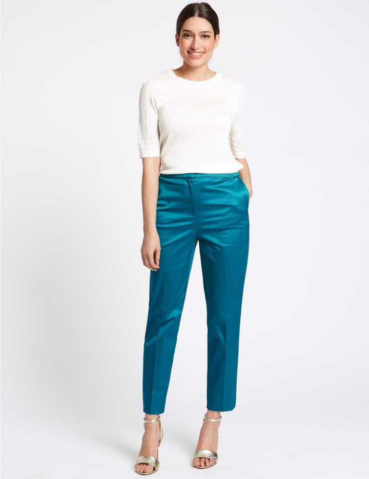 Marks & Spencer Cotton Rich Slim Leg Ankle Grazer Trousers Sea Green