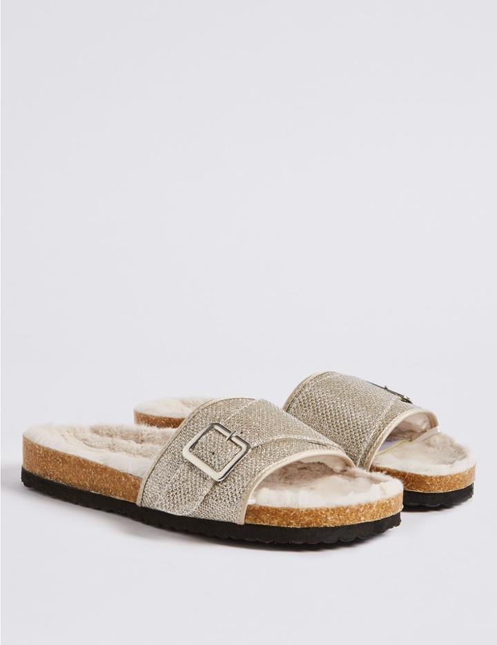 Marks & Spencer Faux Fur Buckle Slide Mule Slippers Metallic