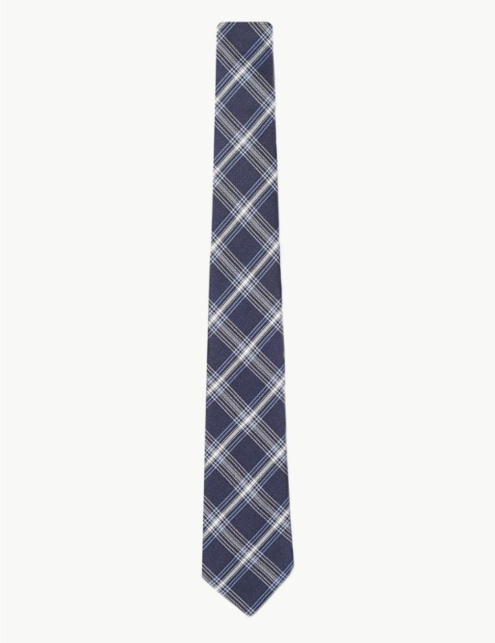Marks & Spencer Silk Slim Heritage Check Tie Navy