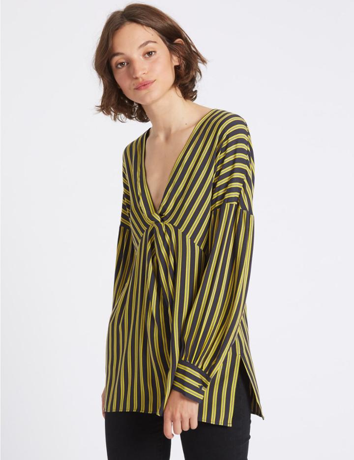 Marks & Spencer Striped Knot Front V-neck Blouse Navy Mix