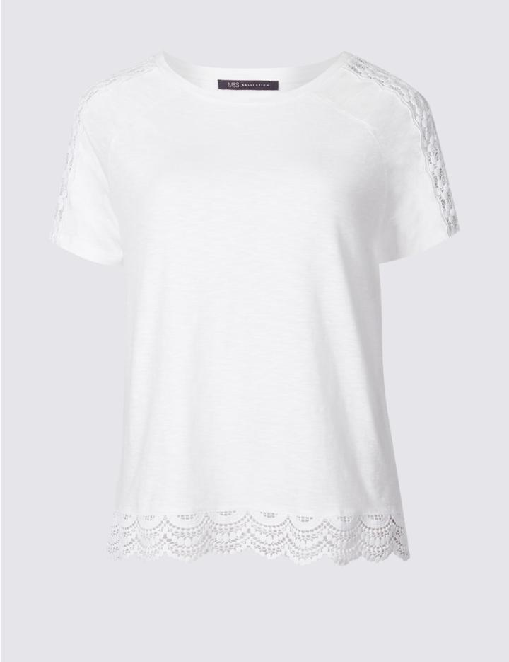 Marks & Spencer Pure Cotton Lace Detail T-shirt Soft White