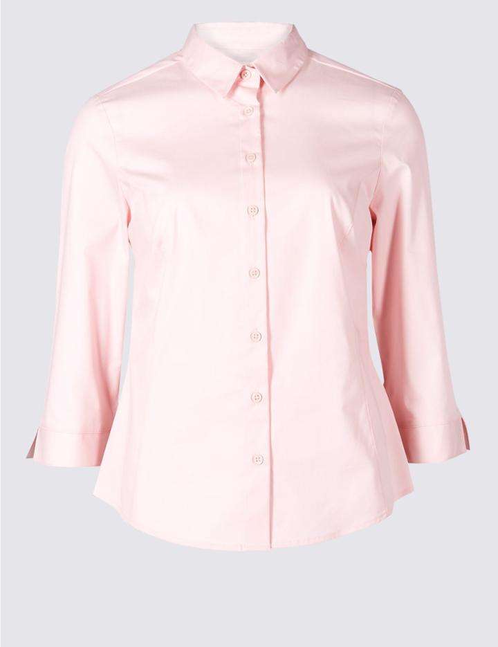 Marks & Spencer Petite Cotton Rich 3/4 Sleeve Shirt Pink