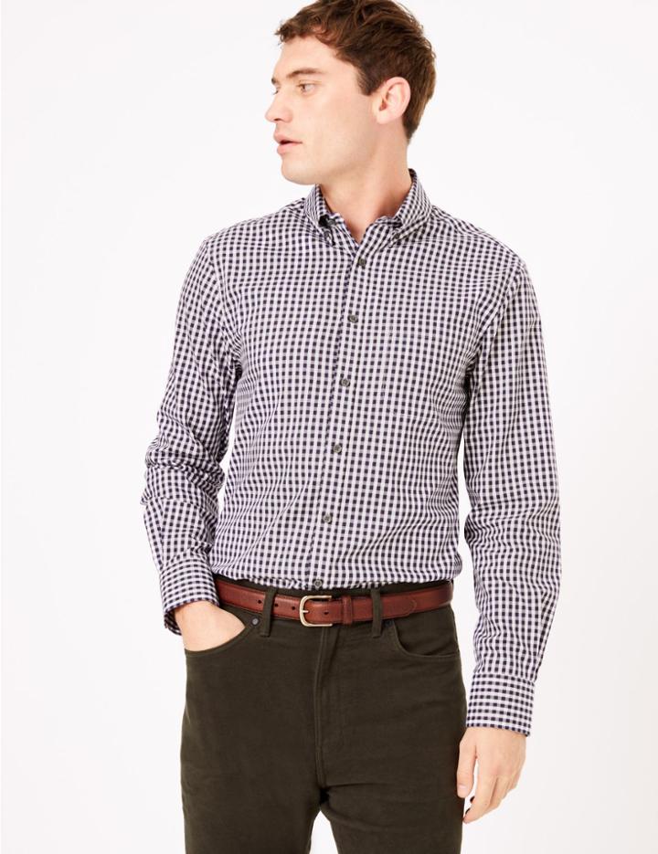 Marks & Spencer Tailored Fit Gingham Easy To Iron Shirt Burgundy Mix