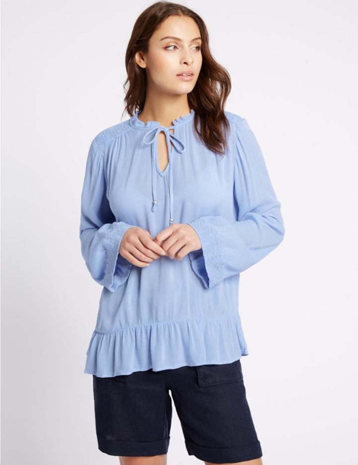 Marks & Spencer Crinkle Notch Neck Long Sleeve Blouse Powder Blue