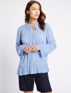 Marks & Spencer Crinkle Notch Neck Long Sleeve Blouse Powder Blue