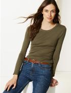 Marks & Spencer Pure Cotton Long Sleeve Regular Fit T-shirt Green