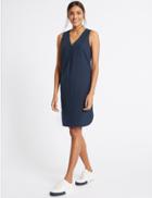 Marks & Spencer Linen Blend Curved Hem V-neck Tunic Dress Navy