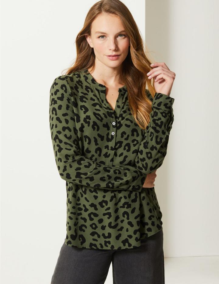 Marks & Spencer Animal Print V-neck Long Sleeve Blouse Khaki Mix
