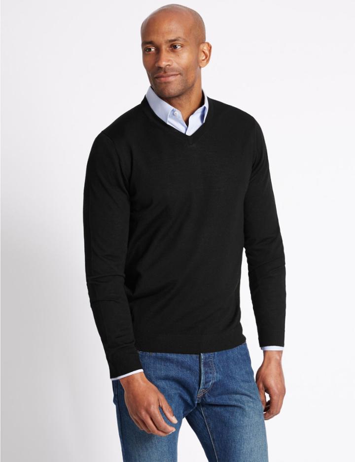 Marks & Spencer Pure Merino Wool V-neck Jumper Black