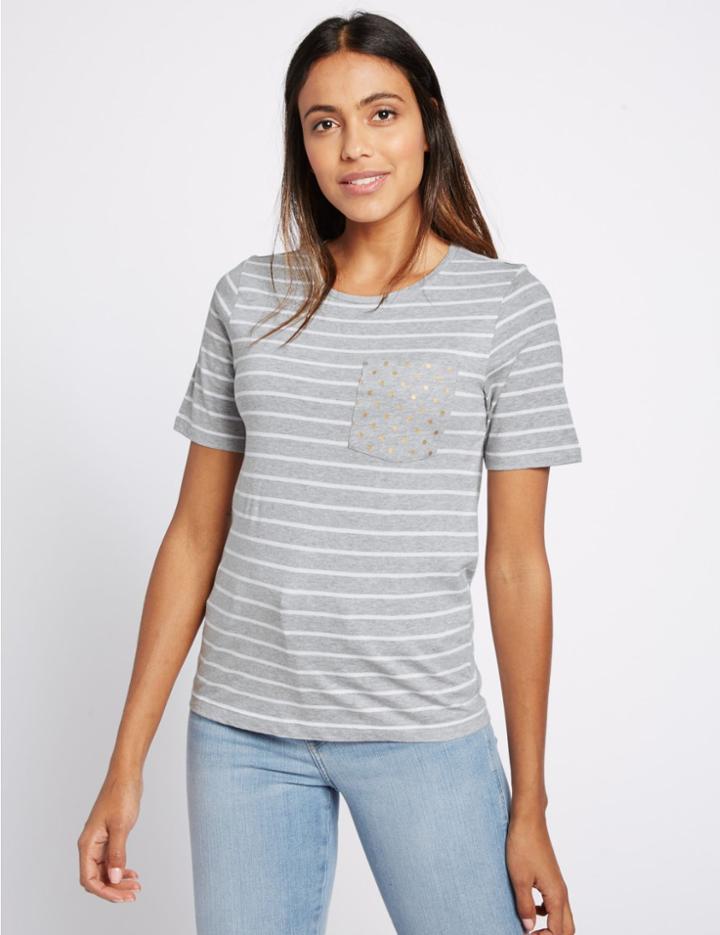 Marks & Spencer Pure Cotton Striped Short Sleeve T-shirt Grey Mix