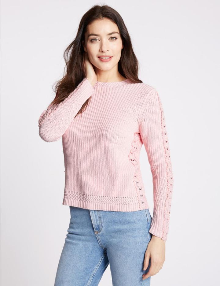 Marks & Spencer Pure Cotton Ribbed Tie Back Jumper Sherbert