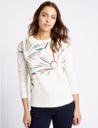 Marks & Spencer Pure Cotton Embroidered Jersey Top Ivory Mix