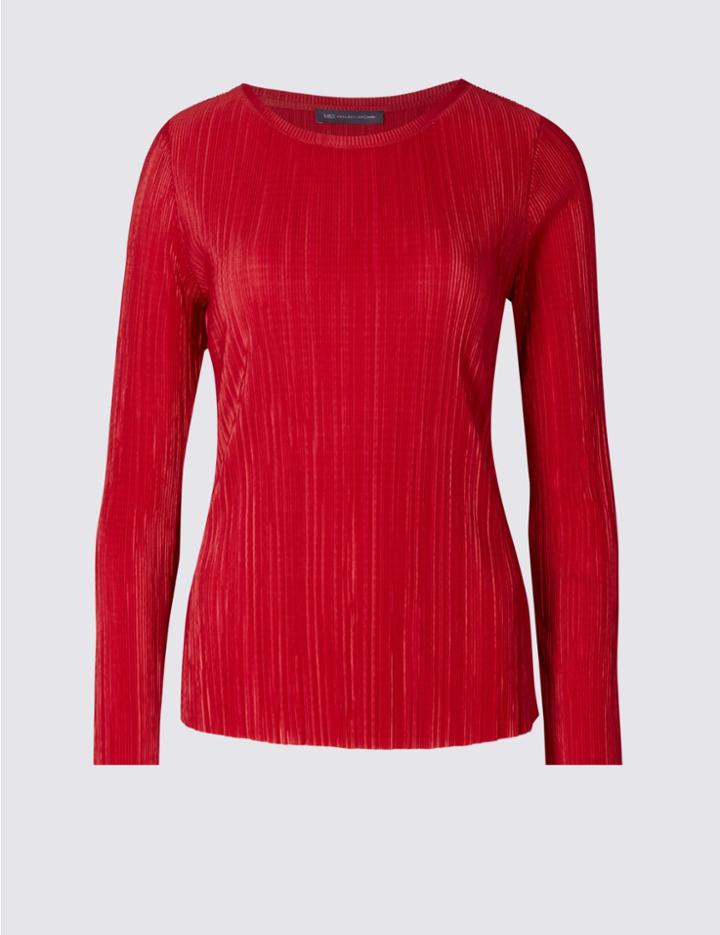 Marks & Spencer Petite Crinkle Long Sleeve T-shirt Red