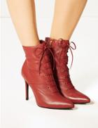Marks & Spencer Leather Stiletto Heel Lace Up Ankle Boots Red
