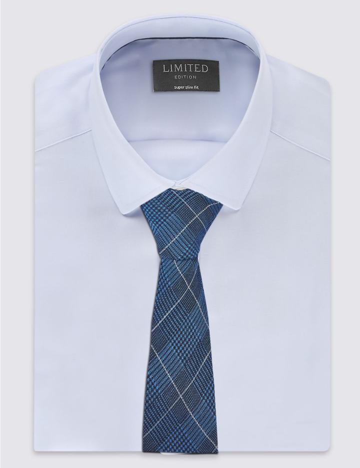 Marks & Spencer Wool Rich Pow Checked Tie Grey Blue