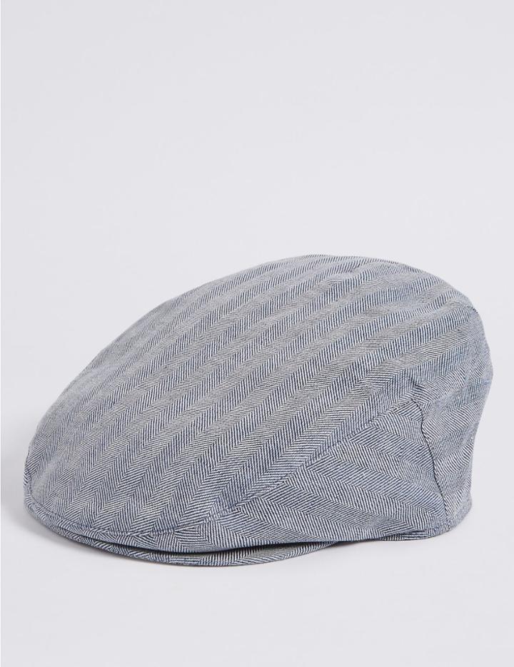 Marks & Spencer Linen Rich Herringbone Flat Cap Denim Mix