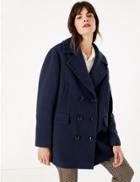 Marks & Spencer Double Breasted Peacoat With Wool Navy