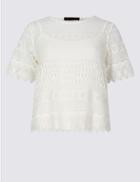 Marks & Spencer Petite All Over Lace Half Sleeve Jersey Top Ivory
