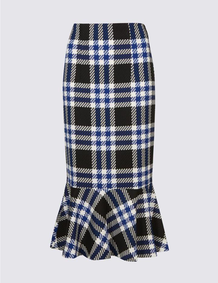Marks & Spencer Checked Fish Tail Midi Skirt Blue Mix