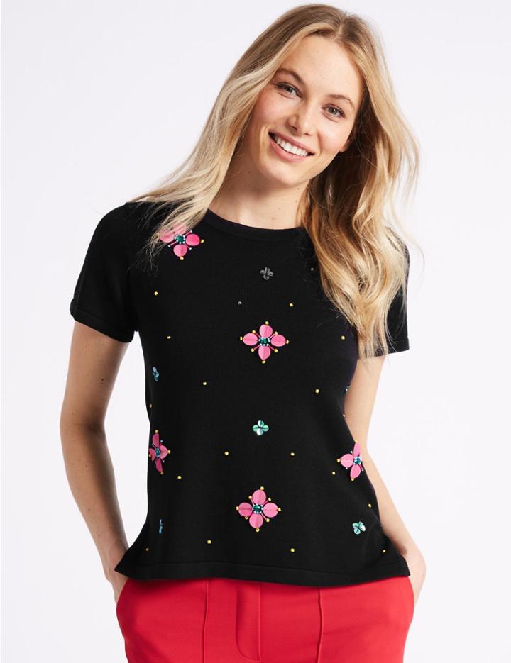 Marks & Spencer Floral Embellished Short Sleeve Top Navy