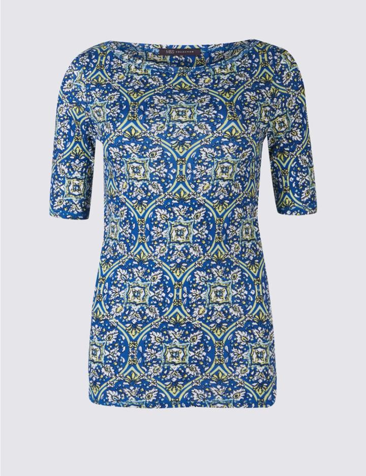 Marks & Spencer Pure Cotton Printed Half Sleeve T-shirt Blue Mix
