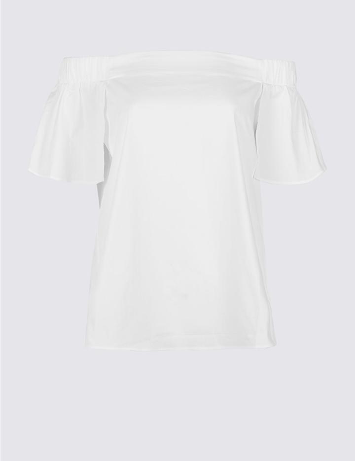 Marks & Spencer Pure Cotton Poplin Half Sleeve Bardot Top White