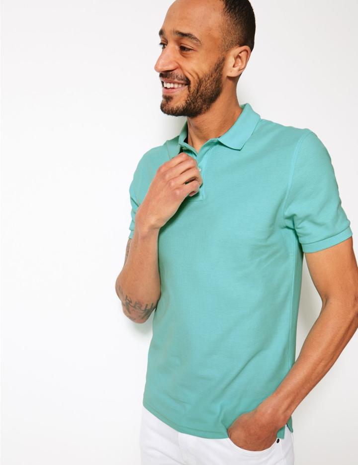 Marks & Spencer Slim Fit Pure Cotton Polo Shirt Medium Aqua