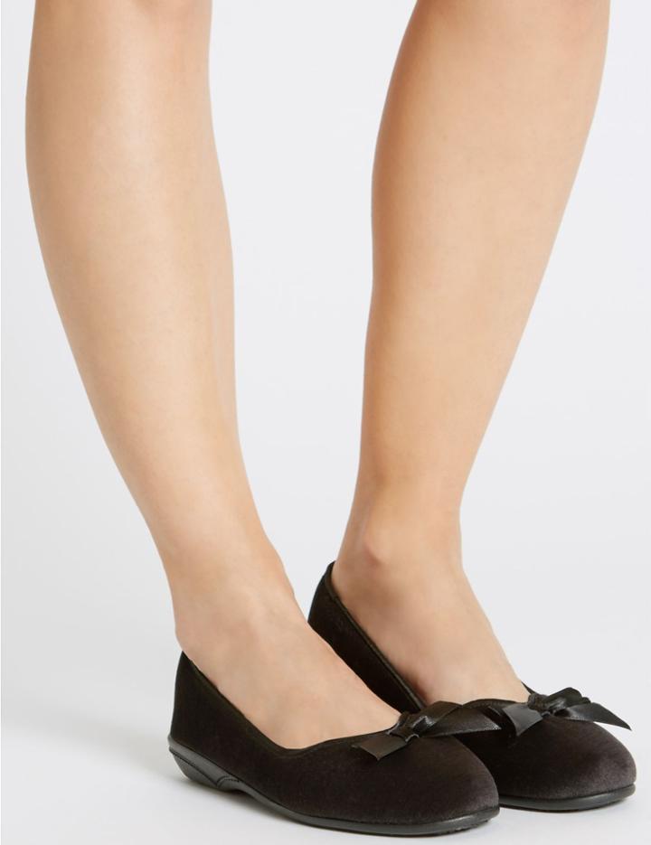 Marks & Spencer Pull-on V-throat Bow Ballerina Slippers Charcoal