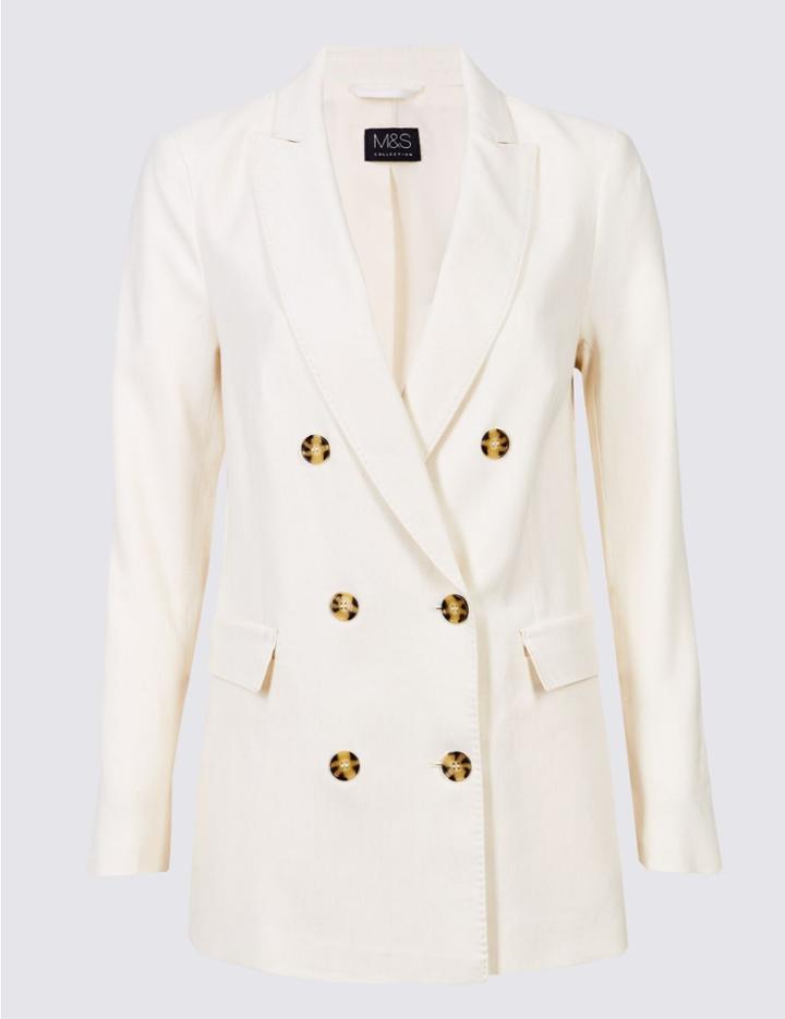 Marks & Spencer Linen Blend Double Breasted Blazer Cream