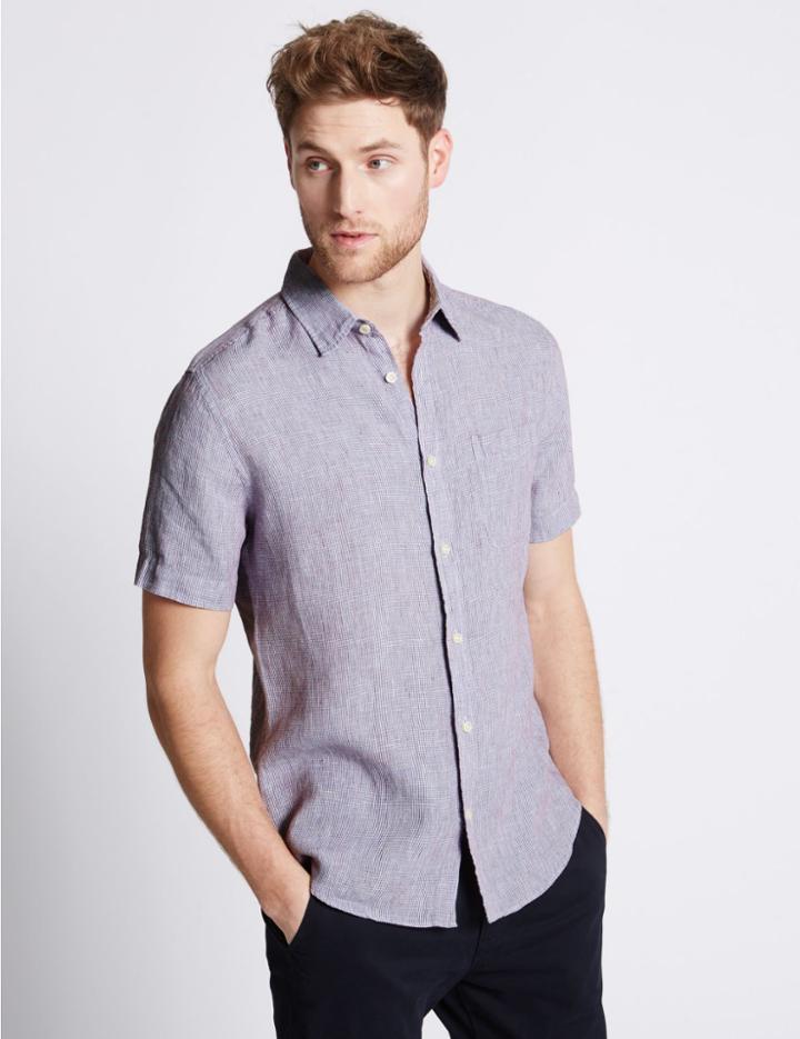 Marks & Spencer Pure Linen Easy Care Slim Fit Shirt Purple