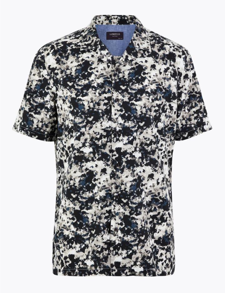 Marks & Spencer Cotton Rich Printed Shirt Black Mix