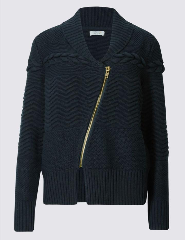 Marks & Spencer Collared Neck Cable Knitted Cardigan Navy