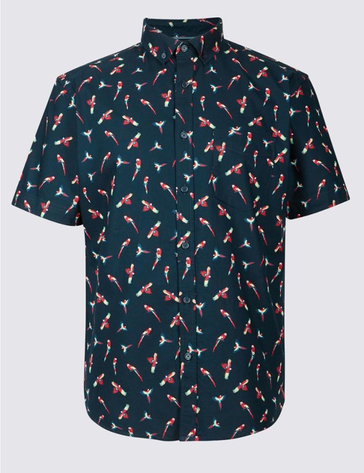 Marks & Spencer Easy To Iron Pure Cotton Printed Shirt Navy