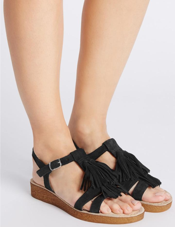 Marks & Spencer Suede Buckle Fringe Sandals With Footglove&trade; Black