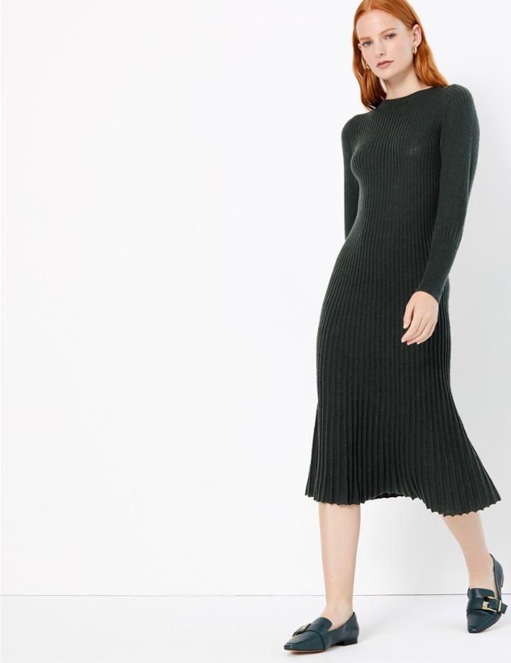 Marks & Spencer Merino Ribbed Knitted Dress Bayleaf