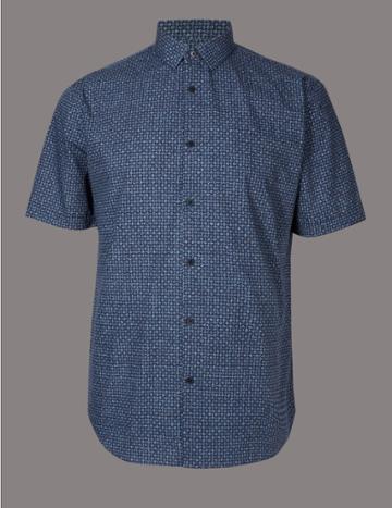 Marks & Spencer Pure Cotton Slim Fit Printed Shirt Dark Kingfisher