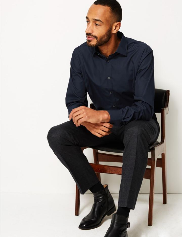 Marks & Spencer Cotton Blend Regular Fit Shirt Navy