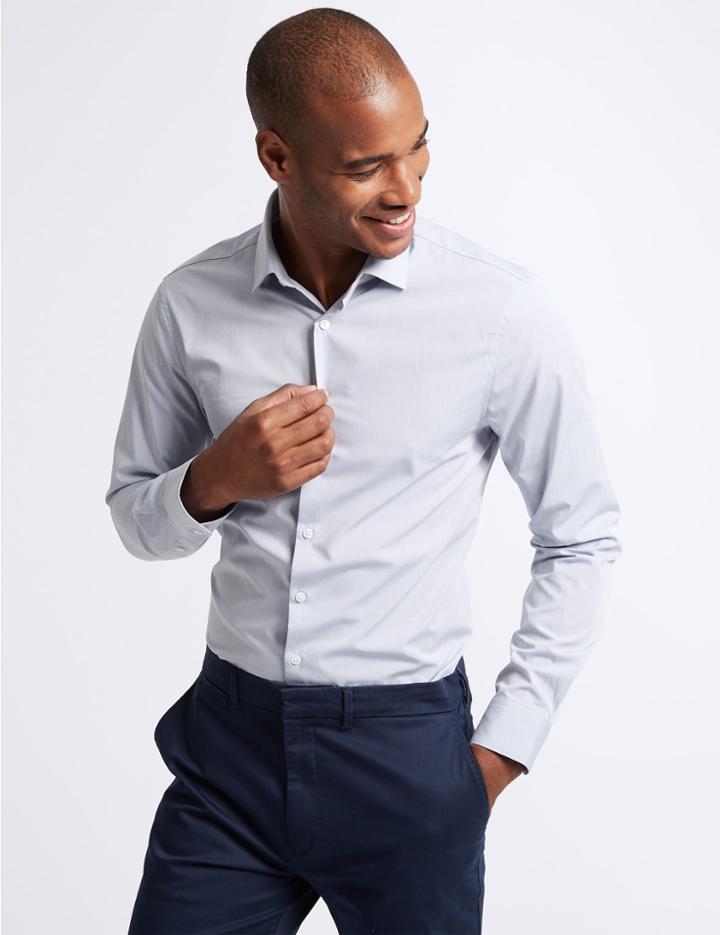 Marks & Spencer Pure Cotton Skinny Fit Shirt Mid Blue