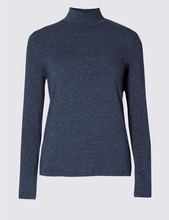 Marks & Spencer Sparkle Long Sleeve Jersey Top Navy Mix