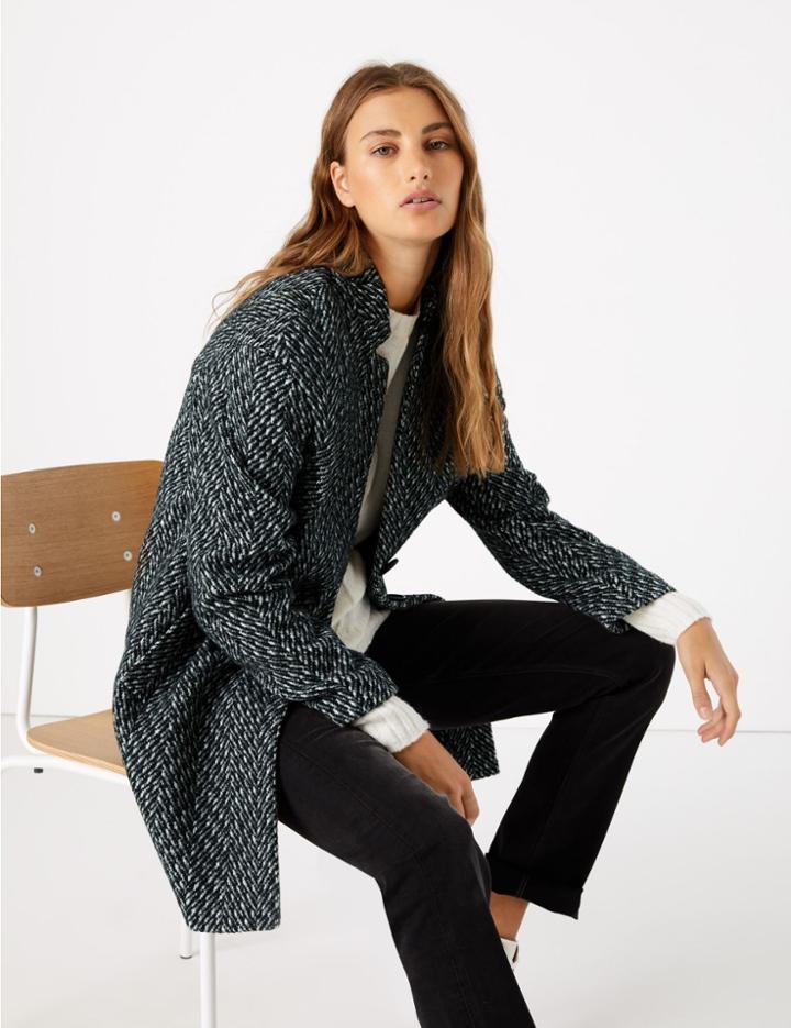 Marks & Spencer Herringbone Cocoon Coat Charcoal Mix