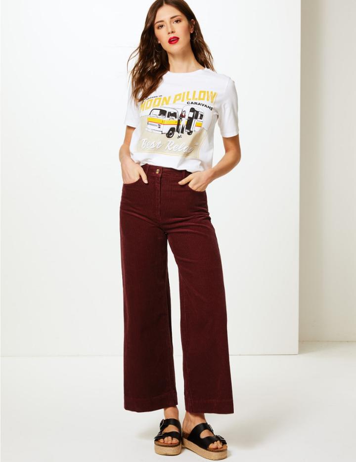 Marks & Spencer Pure Cotton Wide Leg Ankle Grazer Trousers Burgundy
