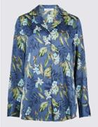 Marks & Spencer Floral Print Satin Long Sleeve Shirt Royal Blue