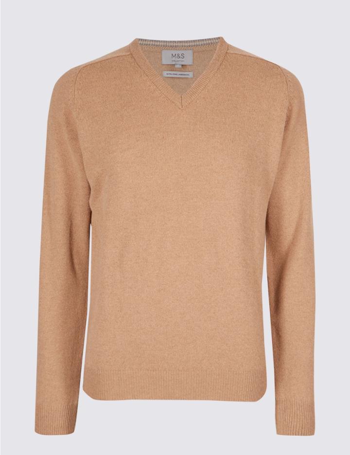 Marks & Spencer Pure Lambswool V-neck Jumper Camel Mix