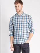 Marks & Spencer Pure Linen Easy Care Checked Shirt Blue Mix
