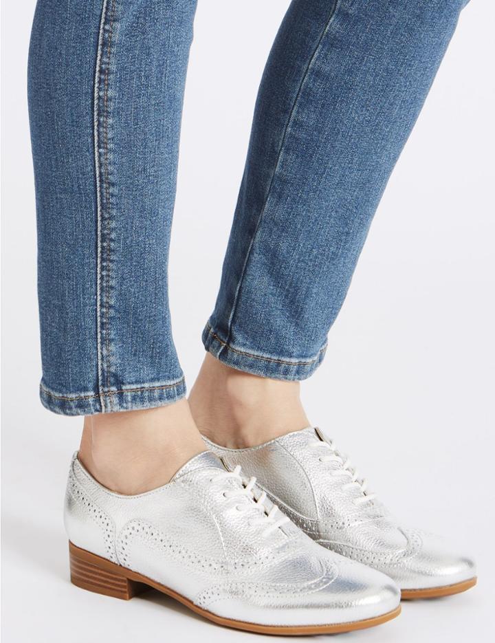 Marks & Spencer Leather Block Heel Brogue Shoes Silver