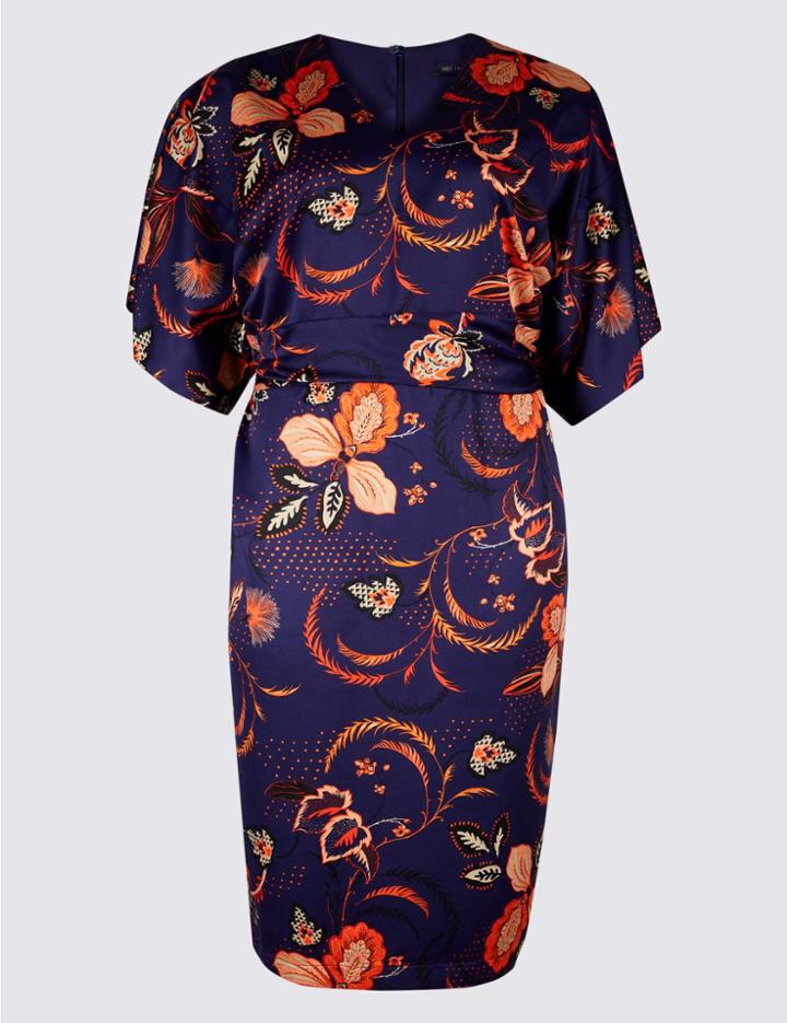 Marks & Spencer Curve Floral Print Tunic Midi Dress Navy Mix