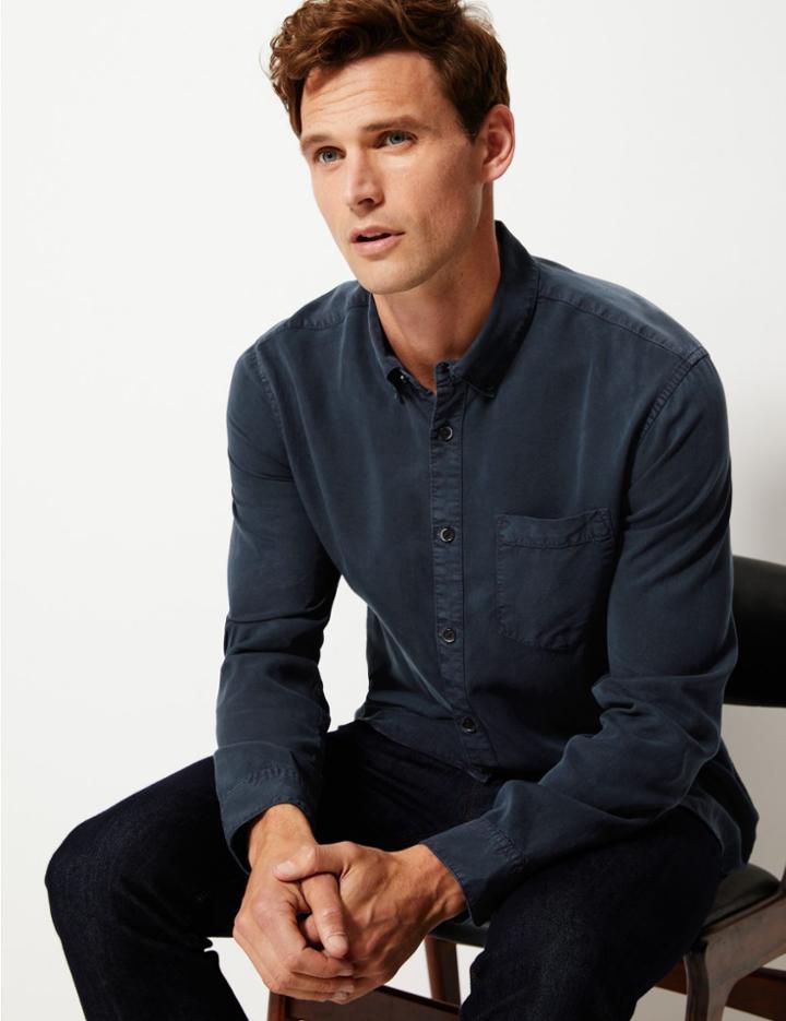 Marks & Spencer Soft Touch Shirt With Pocket Navy