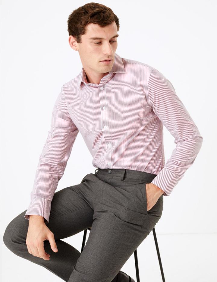 Marks & Spencer Slim Fit Striped Easy To Iron Shirt Burgundy Mix