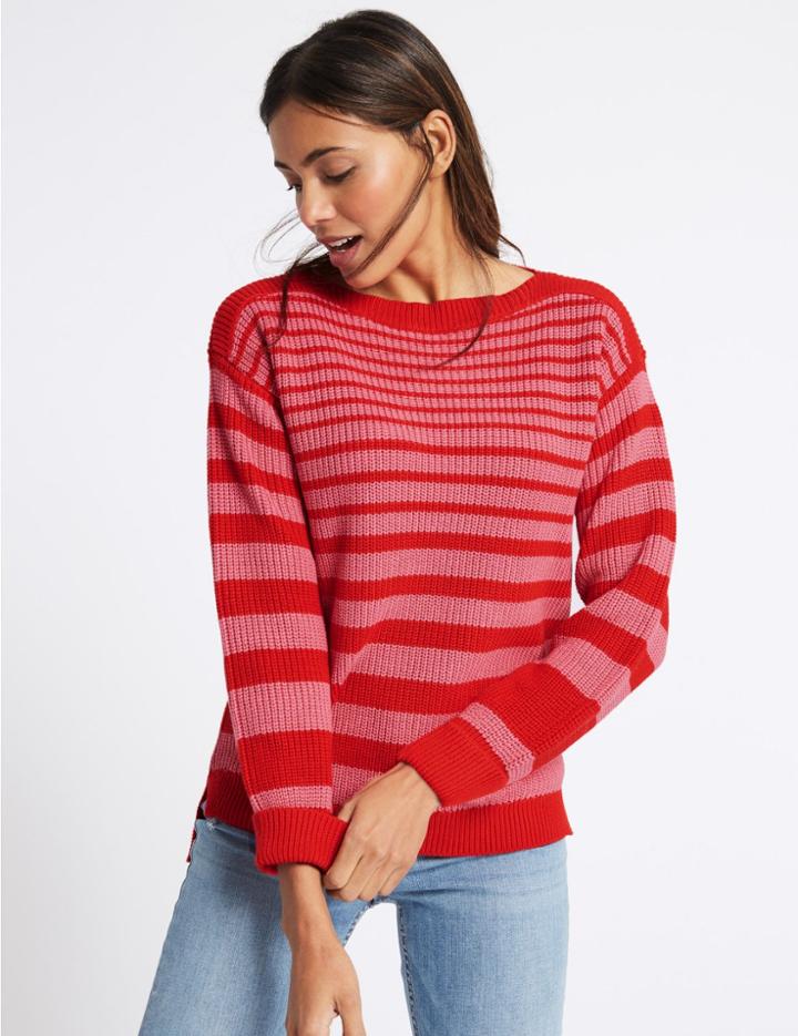 Marks & Spencer Pure Cotton Striped Slash Neck Jumper Red Mix